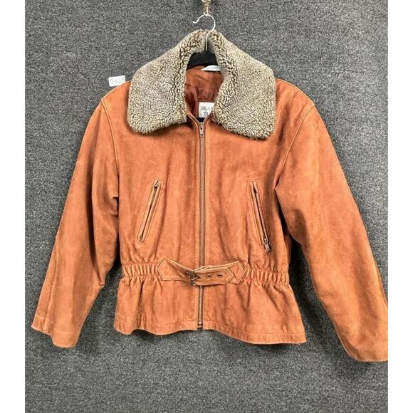 Brandon Thomas Jacket Womens Small Tan Suede Leather Sherpa Collar Belted Zip - Picture 1 of 10